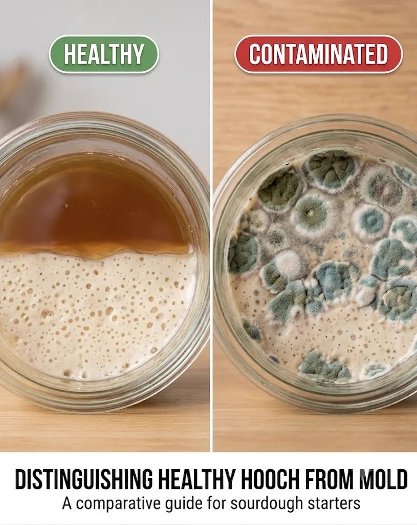 Visual comparison of normal brown hooch and fuzzy green mold contamination on sourdough starter