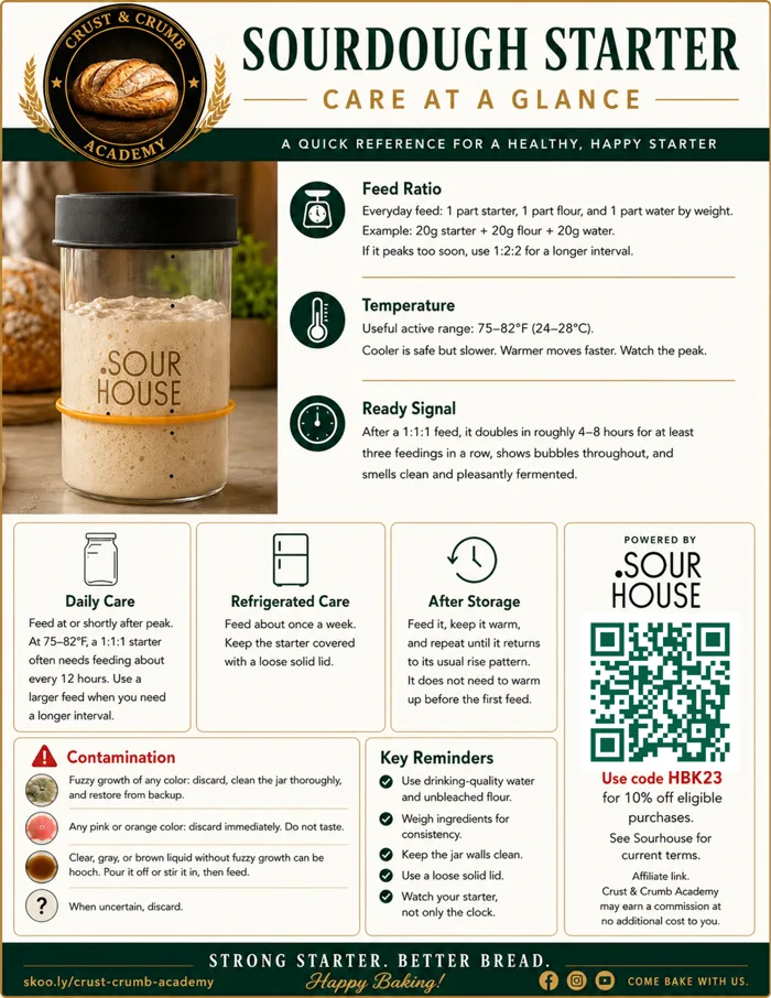 Preview of the Sourdough Starter Care at a Glance printable reference sheet
